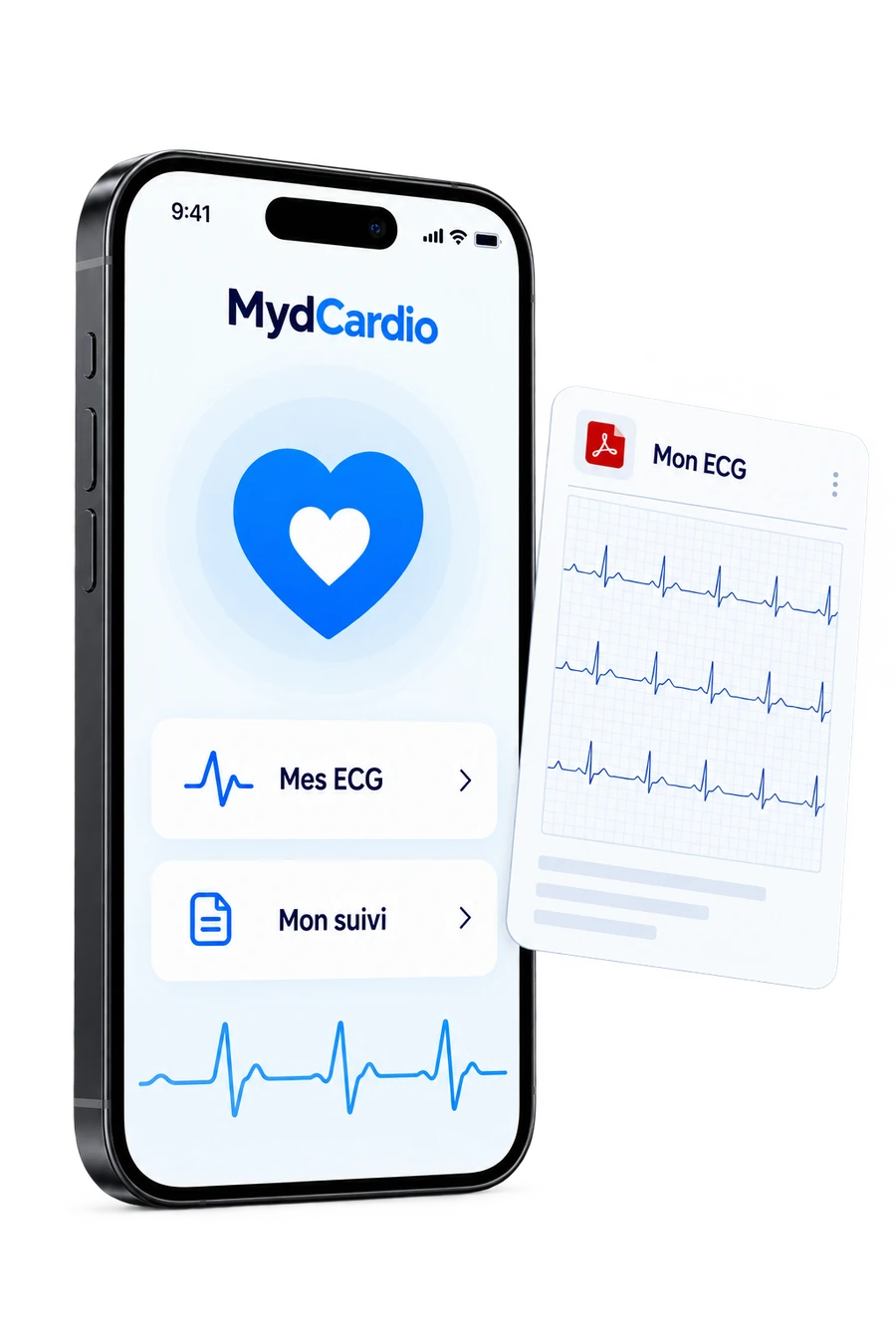 Illustration de l’application MydCardio et d’un rapport ECG