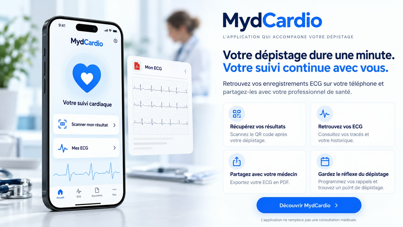 Illustration de l’application MydCardio et d’un rapport ECG
